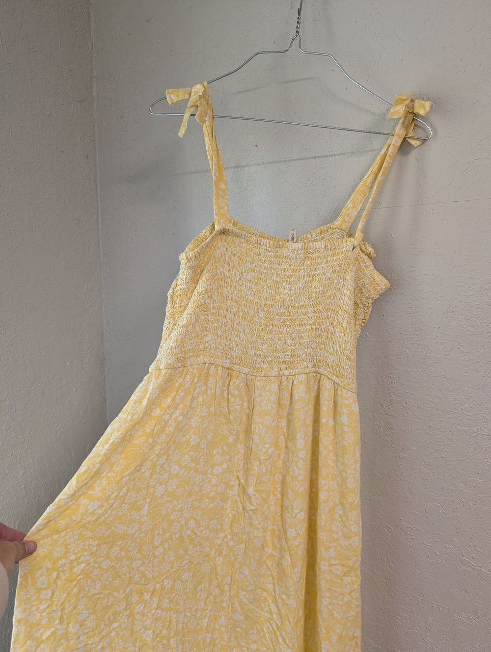 Yellow Smocked Maxi Sundress M Lined Bow Ruffle Floral Cottagecore Fairy Dainty - Picture 9 of 11